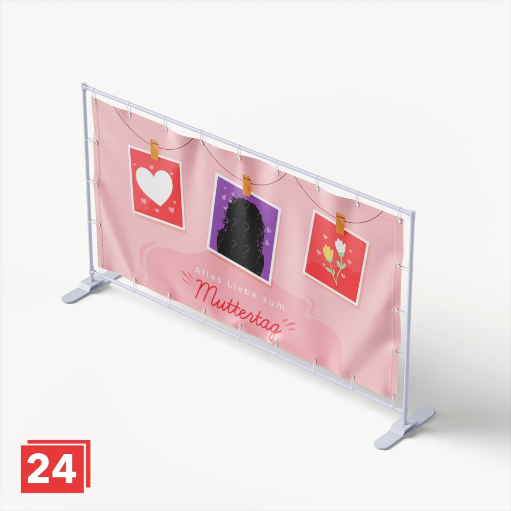 Muttertagsbanner in Rosa mit Illustrationen von Herz, Blumen und Portrait