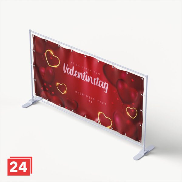 Rotes Banner zum Valentinstag mit schwebenden Herzen und goldenen Herzrahmen