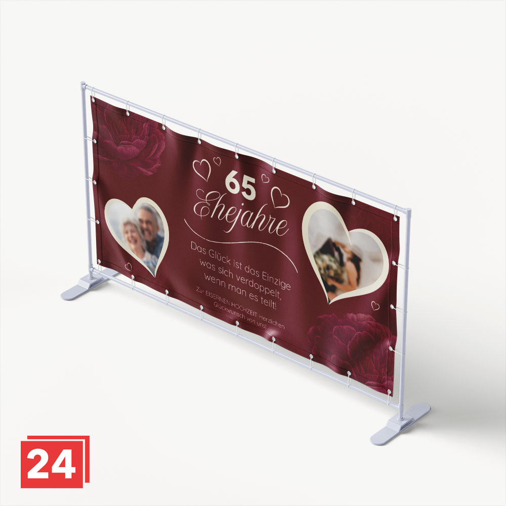 Banner zur Eisernen Hochzeit mit Herzrahmen und Spruch über geteiltes Glück