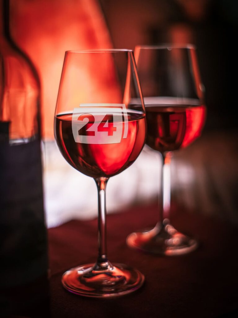 Zwei Rotweingläser mit Gravur „24“ vor warmer Lichtstimmung