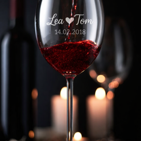 Graviertes Rotweinglas mit Namen, Grafik und Datum für Paare