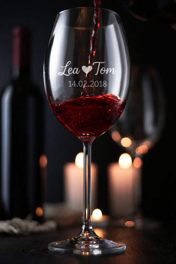 Graviertes Rotweinglas mit Namen, Grafik und Datum für Paare