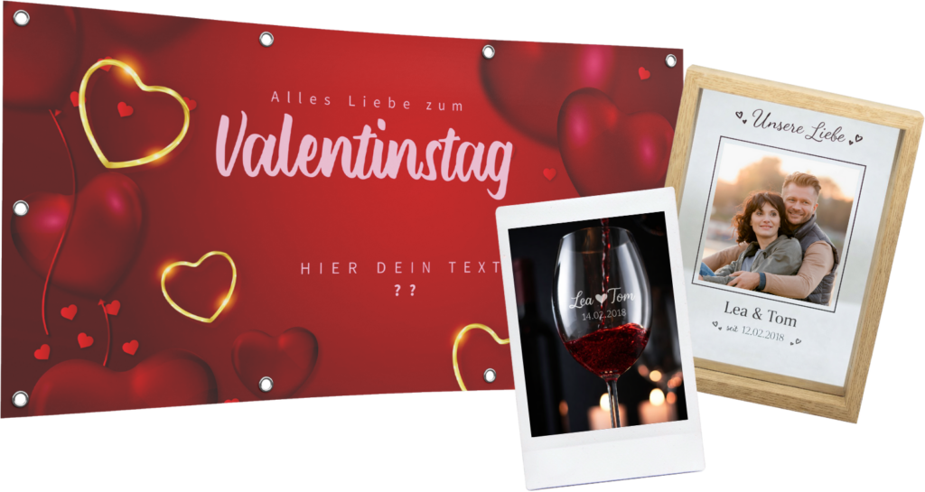 Valentinstagsbanner, Graviertes Rotweinglas, Personalisierter Bilderrahmen