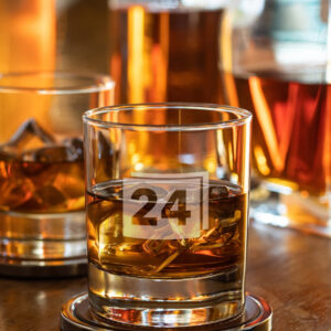 Whiskeyglas mit Gravur „24“ auf Untersetzer, umgeben von Flaschen