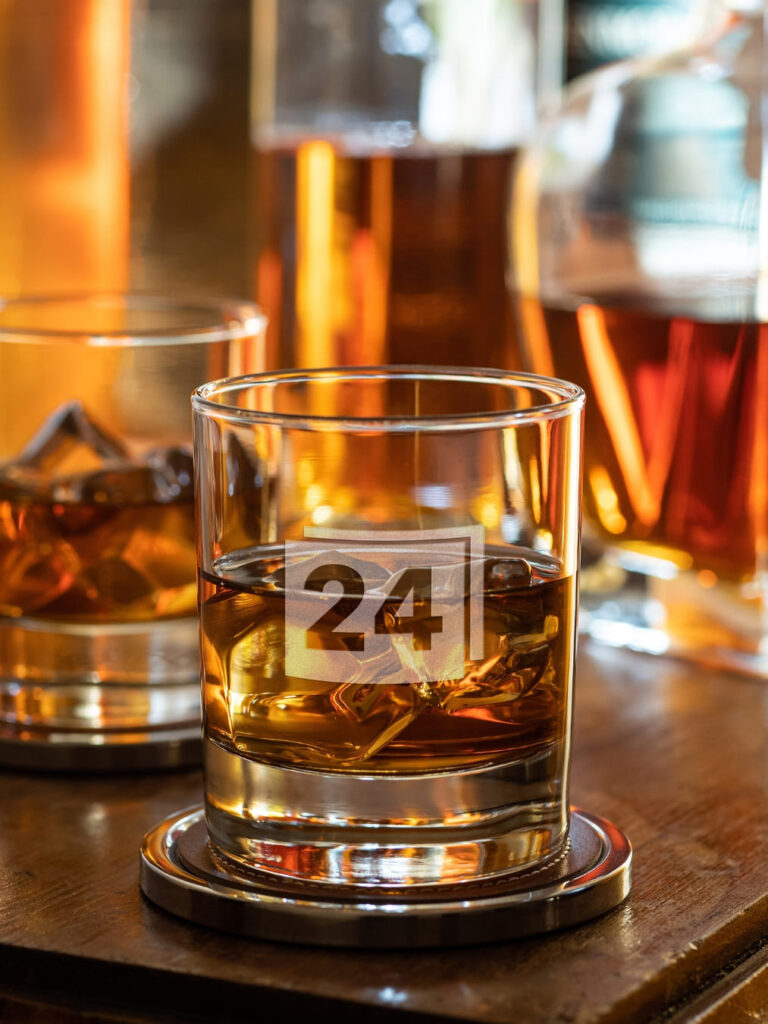 Whiskeyglas mit Gravur „24“ auf Untersetzer, umgeben von Flaschen
