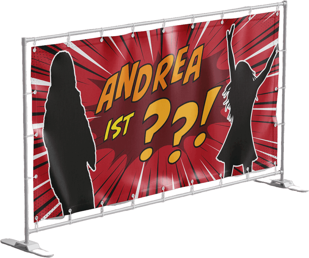 Rotes Comic-Geburtstagsbanner mit Schriftzug „Andrea ist ???“ und Silhouetten
